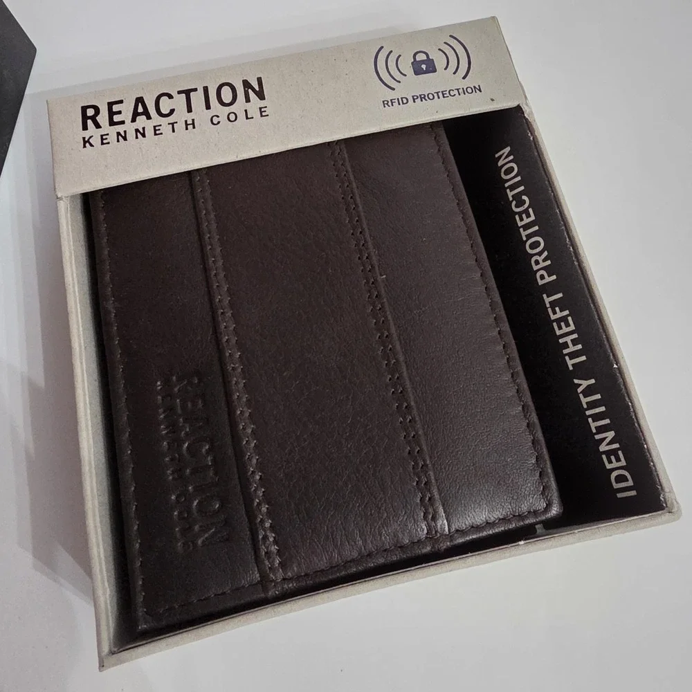 KENNETH COLE REACTION Brown Slim Fold RFID Blocking Bi-Fold Wallet w/ Card Case